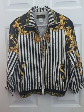 ARIS.A Black & White Striped Jacket with Gold Baroque Print